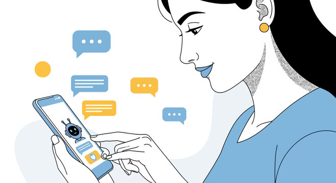 Woman using smartphone with AI chatbot, receiving notifications