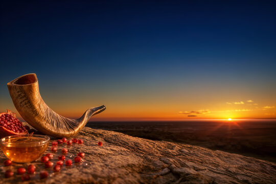 Rosh Hashanah shofar on weathered stone at sundown with pomegranate seeds and honey bowl symbolizing Jewish New Year 5786 spiritual renewal autumn High Holidays