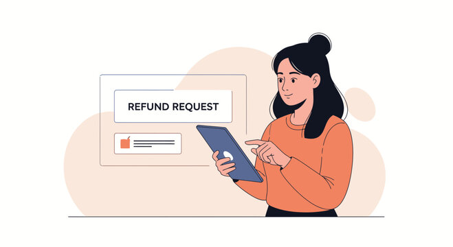 Woman using tablet for refund request on screen