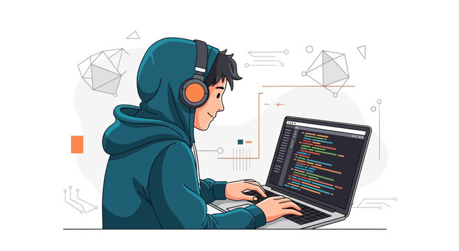 Young Coder Typing on Laptop with Headphones, Digital Art Style