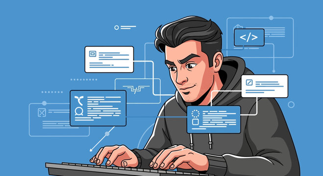 Young man coding on computer, digital interfaces and data flow, technology concept