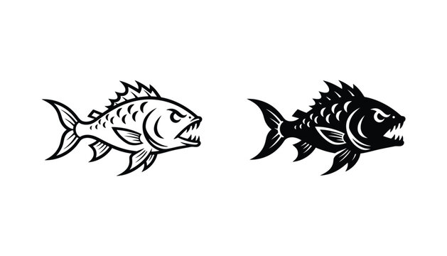 Angry piranha fish with sharp teeth in line art and solid black silhouette vector mascot for sport fishing clubs or predator themed graphic designs