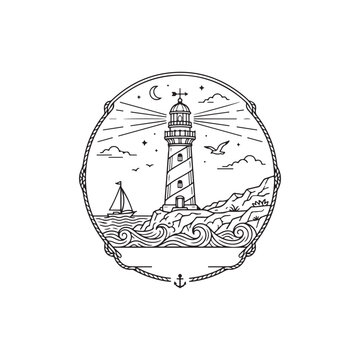 Black and white illustration of lighthouse on rocky coastline with sailboat and rope border