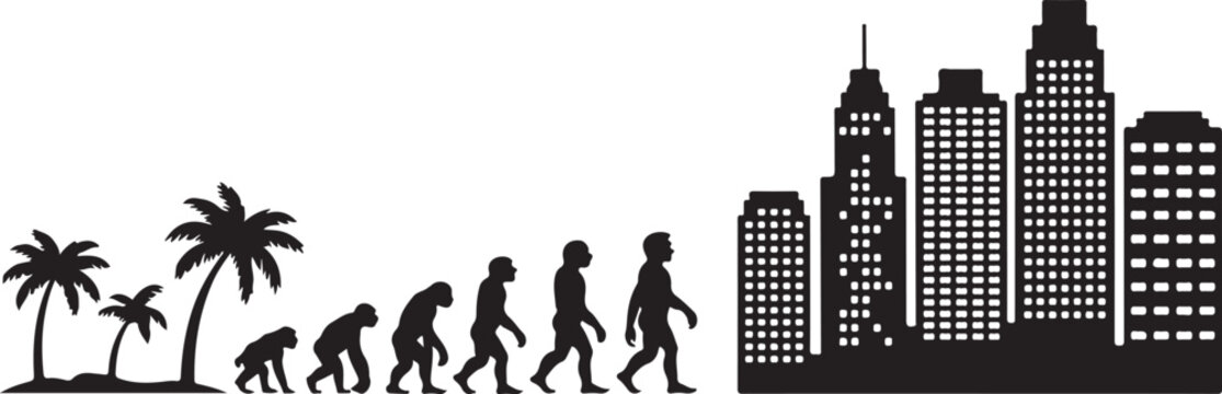 Human evolution from primitive to modern with city skyline