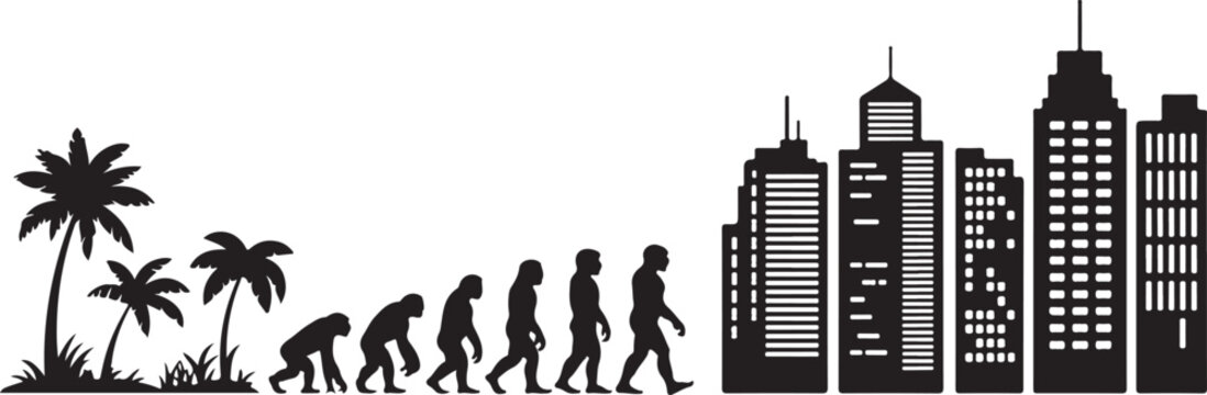 Evolution of humans from nature to city skyline