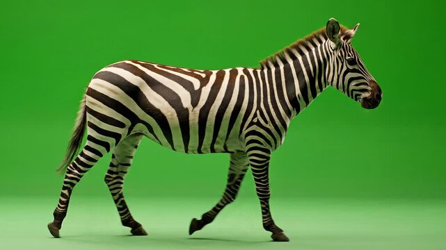 Majestic Zebra Walking on Green Screen Studio Background