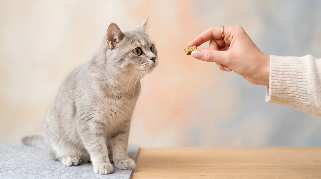 A person's hand offering a treat to a cute tabby cat with offering, domestic