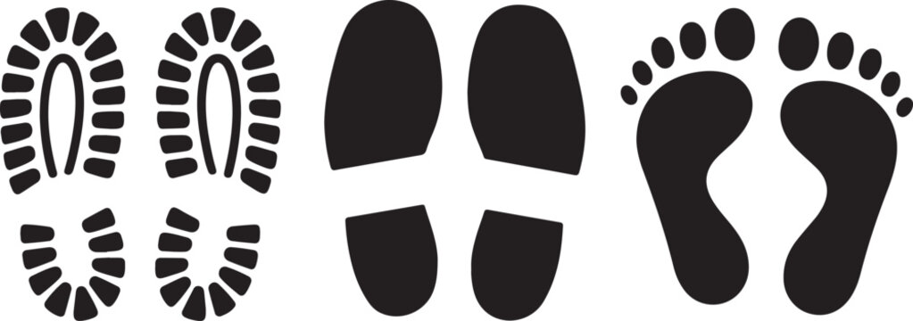 Black footprints and shoe prints vector icons