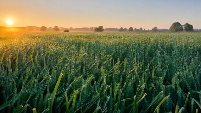 kentucky. Vast field of blue-green grass at dawn with dewdrops and gentle waves. travel magazines, destination branding, designed for outdoor magazines and nature guides, used by bi analysts.