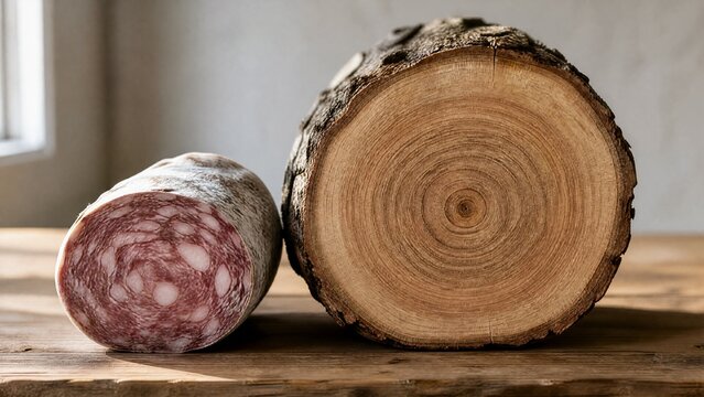 saucisson. Cross-section of dried saucisson beside tree log, concentric patterns echoing each other. menu design, packaging mockups, designed for food delivery and cloud-kitchen brand materials.