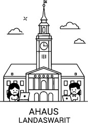 Fototapeta premium Historic Building with Clock Tower and Sad People Using Laptops