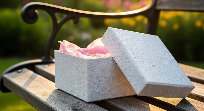 Open white embossed gift box with pink tissue paper