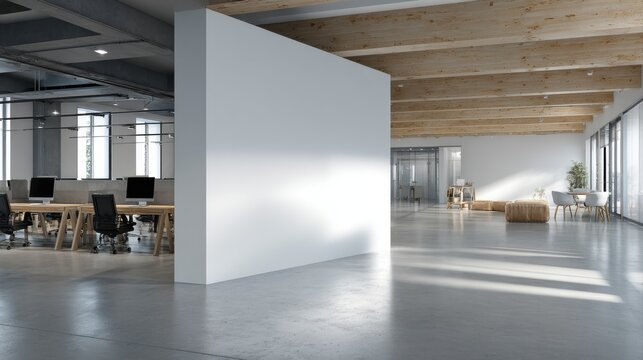 White open space office corner with mock up wall