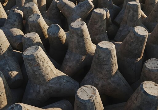 A massive collection of gray concrete dolosse blocks provides essential coastal protection against powerful ocean waves and storm surges along a busy industrial harbor shoreline during the sunny