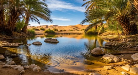 Fototapeta premium Serene desert oasis with palm trees and sandy dunes