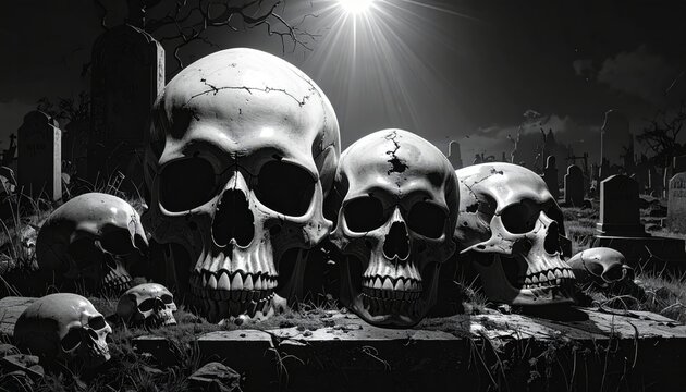 Scattered Human Skulls in a Dark Graveyard Setting