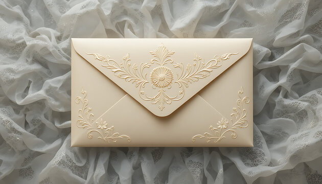 Elegant creamcolored envelope with intricate floral designs on a white fabric background with delicate patterns and soft folds