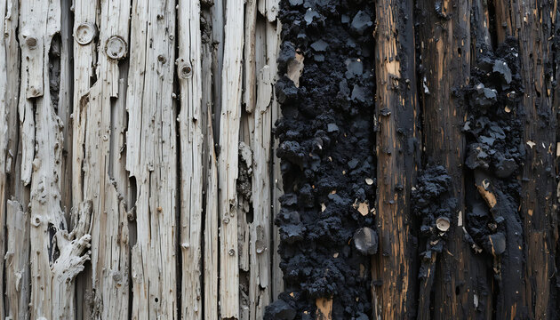 A closeup view of a wooden fence with a mix of burnt and unburnt planks showing detailed textures and contrasting colors