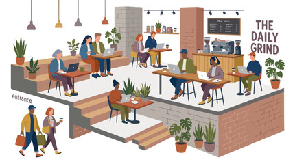 Fototapeta premium Modern coffee shop interior with remote workers, people working on laptops in cafe, flat vector illustration of coworking space with plants and brick walls