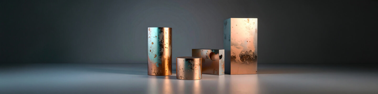 Copper patina metal cylinders blocks. Oxidation texture surfaces. Podium background composition product display branding design technology market. Studio lighting floor reflection environment year 202