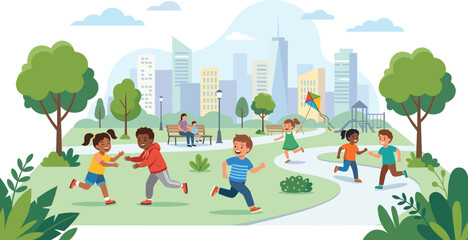 Happy multicultural diverse group of children running and playing in a sunny city park with skyscrapers and trees.