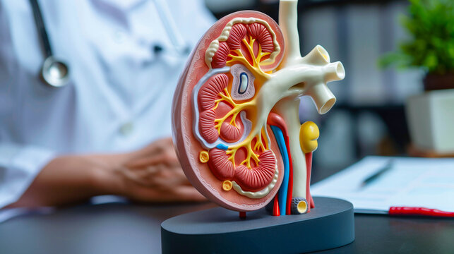 Doctor with human kidney model anatomy in hospital.