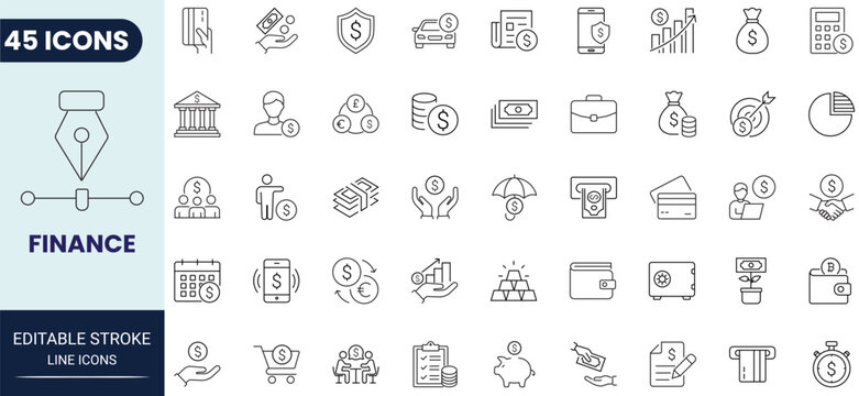 Finance icon set in outline style. Collection of finance, money, banking, investment, payment, and business icons. Editable stroke. Vector icon collection.