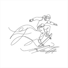 Fototapeta premium Continuous line drawing of skateboarder performing trick on skateboard action sports