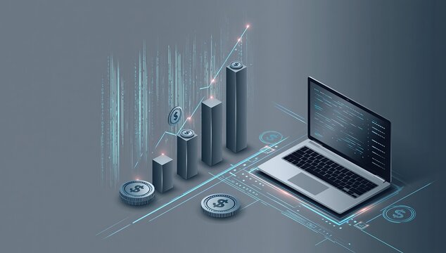Isometric laptop, rising bar graph, coins, and digital data streams
