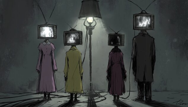 Figures with vintage televisions as heads stand in dim light