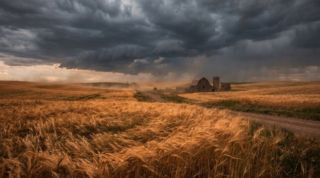 Cinematic view of a golden wheat field under a dark stormy sky. Old wooden barn in the distance with wind blowing dust. Impending thunderstorm over rural agricultural landscape.