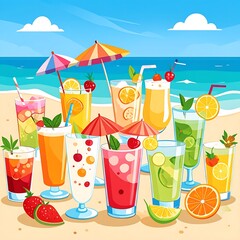 Obraz premium Colorful beach drinks with umbrellas and fruits.