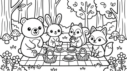 Fototapeta premium Charming woodland creatures enjoying a picnic in a forest clearing, black and white illustration for coloring
