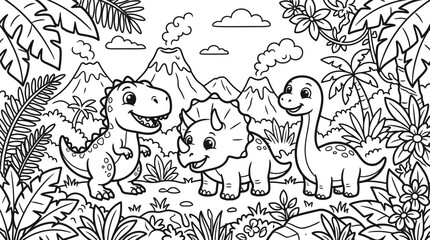 Obraz premium Friendly cartoon dinosaurs explore a prehistoric jungle with volcanoes in this outline illustration, ideal for children's coloring activities