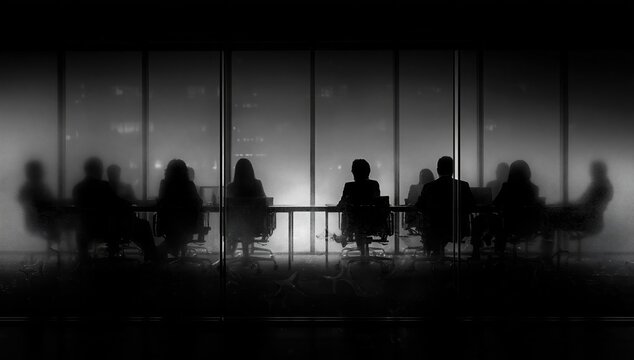 Silhouetted figures gather around a boardroom table in a foggy, dimly lit urban setting
