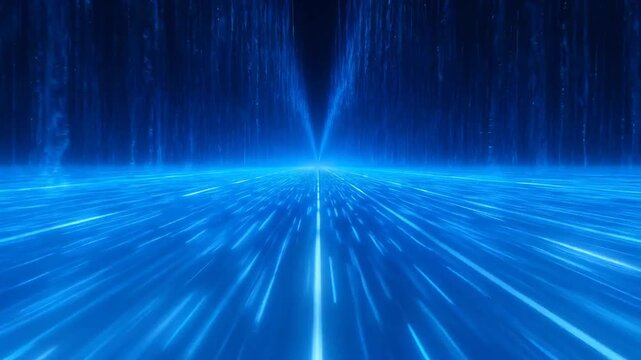 Abstract Blue Digital Tunnel With Streaking Lights and Particles Flying Towards Distant Horizon Motion Graphics Background