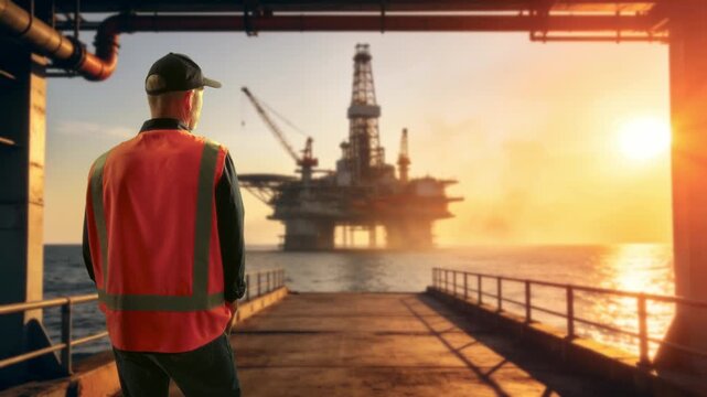 Foreman Supervises Shipyard Shift. Distant Oil Rig Silhouette During Twilight With Supervising Foreman