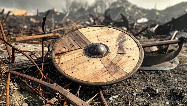 Shattered Wooden Viking Shield on a Ruined Battlefield