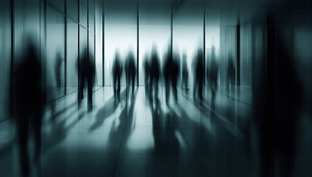 Ethereal figures in motion blur down a brightly lit, modern hallway