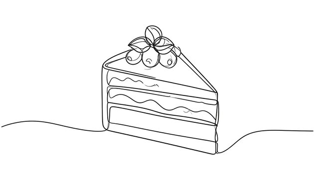 A simple, single-line drawing of a triangular cake slice, adorned with small berries and leaves on top