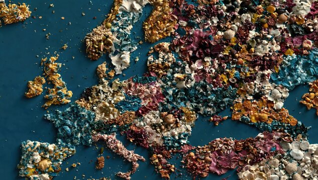 Europe depicted as textured mosaic of organic, colorful materials