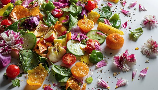 Vibrant, scattered array of colorful fruits, vegetables, and flower petals
