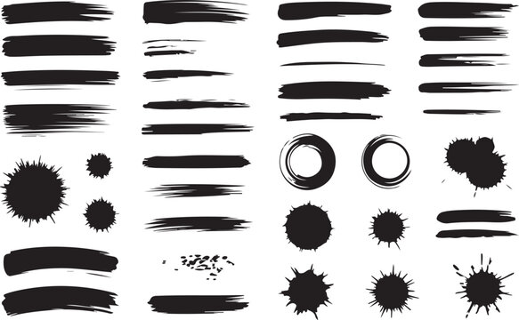 Ink splashes. Black inked splatter dirt stain splattered spray splash with drops blots isolated. Ink splashes stencil