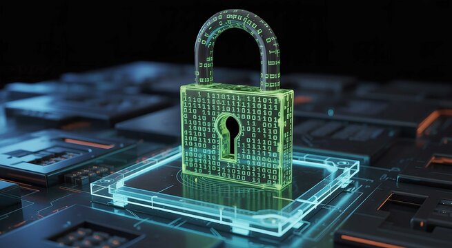 A glowing green padlock features complex binary code patterns representing advanced cybersecurity protection for modern digital data and network systems