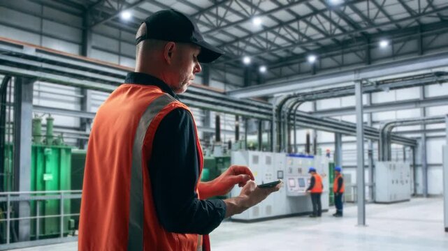 Technicians In Safety Gear Perform Routine Diagnostic Checks On Transformers In Manufacturing Plant Atmosphere