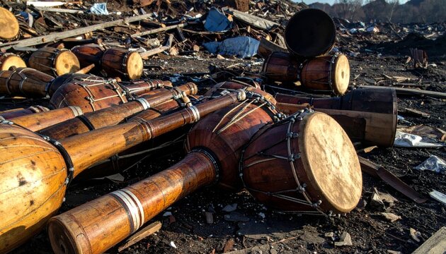 Shattered Wooden War Drums in Pile of Debris