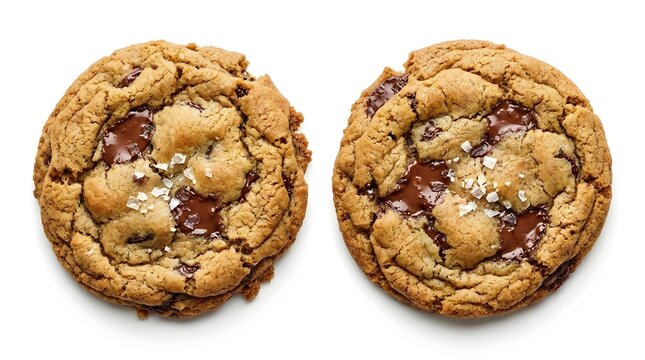 Two gourmet chocolate chip cookies with sea salt topping.