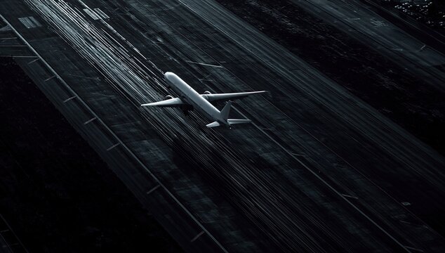 Jetliner accelerating down a dark runway, motion blur creating streaks