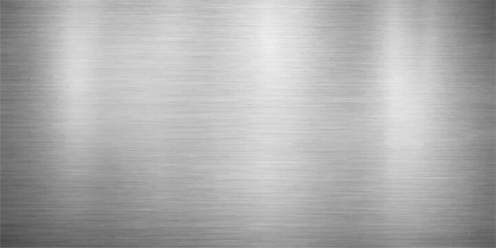 A polished silver stainless steel sheet features a brushed metal texture pattern on a shiny industrial aluminum plate surface, creating a grey metallic material background with a subtle reflection