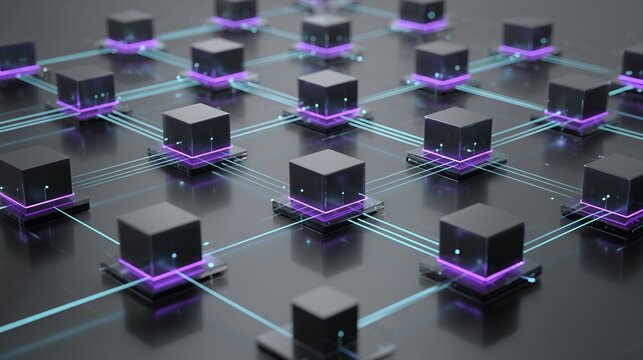 Distributed AI Network Infrastructure with Connected Computing Nodes, Cloud Architecture System, Artificial Intelligence Data Processing and Decentralized Digital Technology Concept